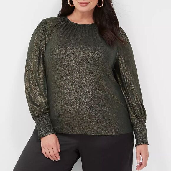 LANE BRYANT - Sparkle Long-Sleeve Smocked-Cuff Top - Picture 1 of 6